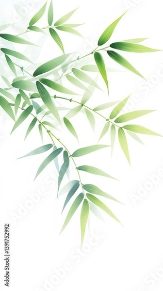 Fototapeta Delicate Bamboo Branches with Green Leaves in Watercolor Style on a Clean White Background Creates a Sense of Tranquility