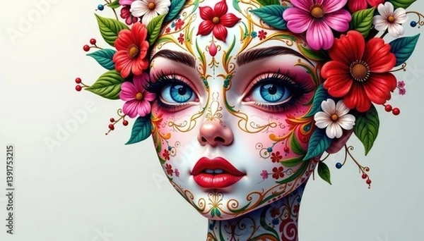 Obraz Intricate floral pattern forming a face shape, colorful, subtle