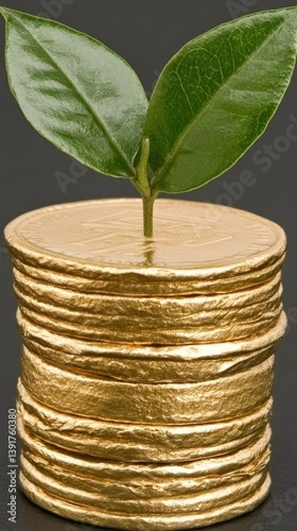 Fototapeta Sprout grows from gold coins stack, symbolizing financial growth on a neutral background