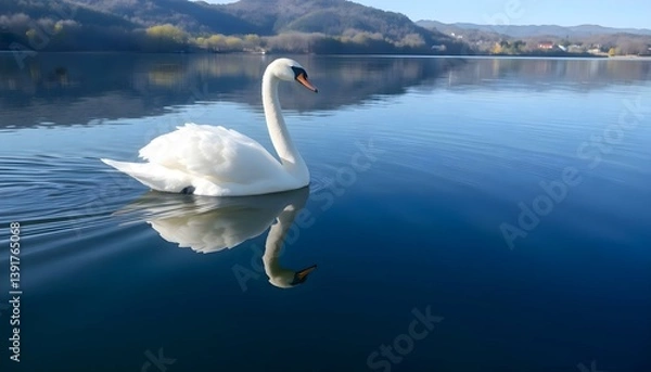 Fototapeta white swan is swimming in the water