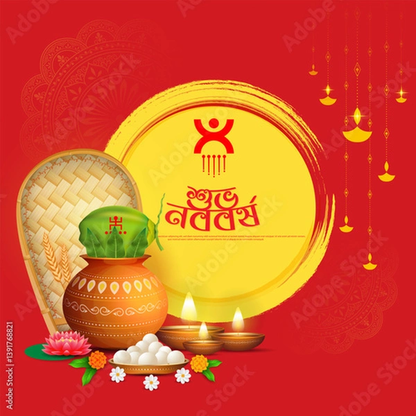 Fototapeta Bengali Happy New Year, Pohela Boishakh - poster template design with kalash, bamboo tray and decorative diya lamp.