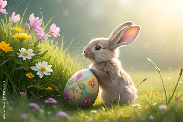 Fototapeta A realistic Easter bunny with soft fur and large ears holding a colorful painted egg, sitting on green grass with spring flowers around. The scene is bright and cheerful, evoking warmth and joy. Perfe