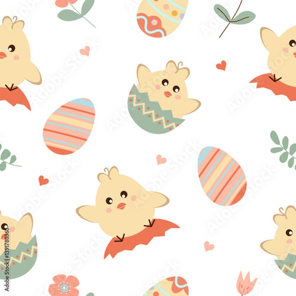 Obraz Happy easter. Seamless pattern with easter eggs, chicken flowers on white background.