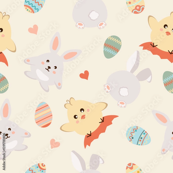 Obraz Happy easter. Seamless pattern with easter eggs, rabbit, chicken, heart on yellow background.