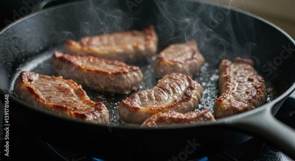 Fototapeta Meat is currently being cooked in a frying pan placed on a stove