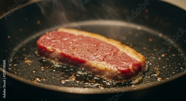Fototapeta Meat is currently being cooked in a frying pan placed on a stove