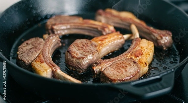 Fototapeta Meat is currently being cooked in a frying pan placed on a stove