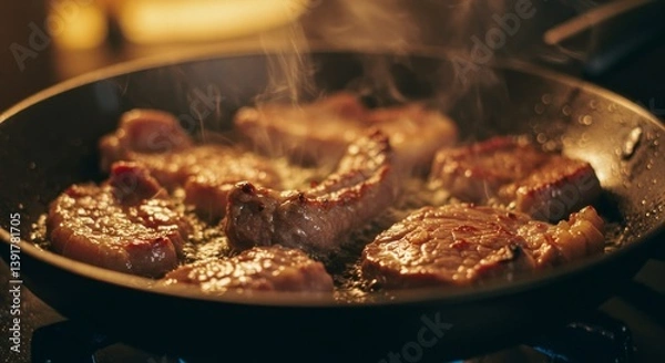 Fototapeta Meat is currently being cooked in a frying pan placed on a stove