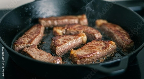 Fototapeta Meat is currently being cooked in a frying pan placed on a stove