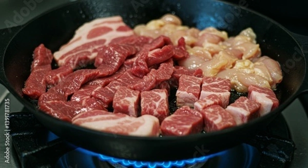 Fototapeta Meat is currently being cooked in a frying pan placed on a stove