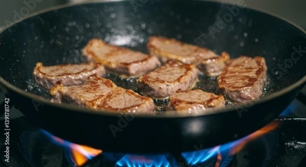 Fototapeta Meat is currently being cooked in a frying pan placed on a stove