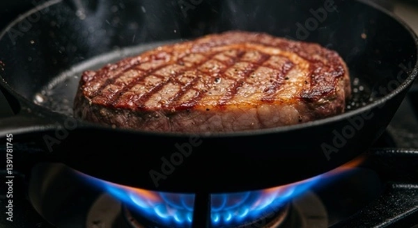 Fototapeta Meat is currently being cooked in a frying pan placed on a stove