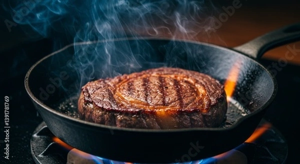 Fototapeta Meat is currently being cooked in a frying pan placed on a stove