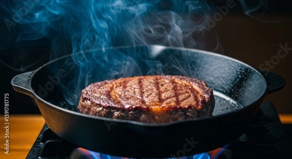 Fototapeta Meat is currently being cooked in a frying pan placed on a stove
