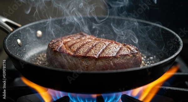 Fototapeta Meat is currently being cooked in a frying pan placed on a stove
