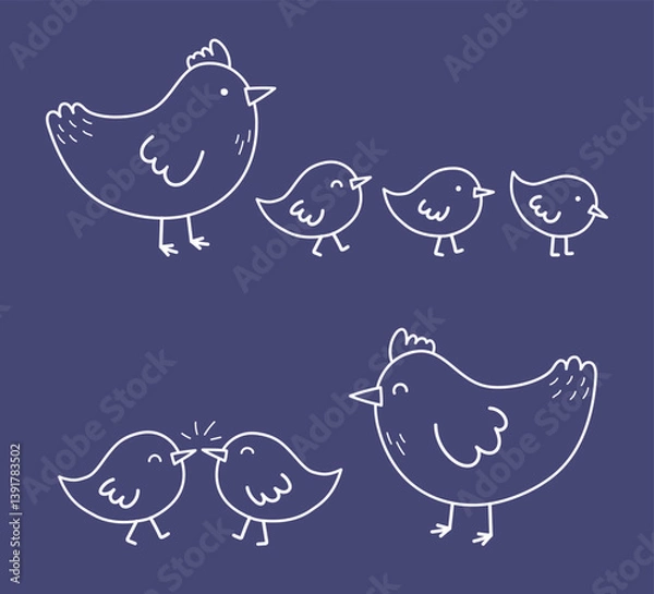 Fototapeta Cute cartoon chicks and chickens. Easter chicks icons in hand drawn style. Set. Vector illustration