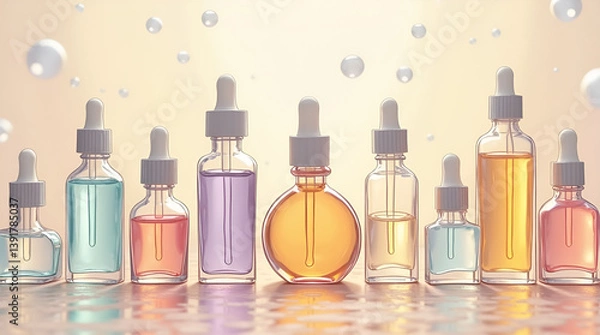 Obraz Colorful serums in sleek bottles with droppers stand against a soft, dreamy gradient background with floating orb elements. Pastel palette.