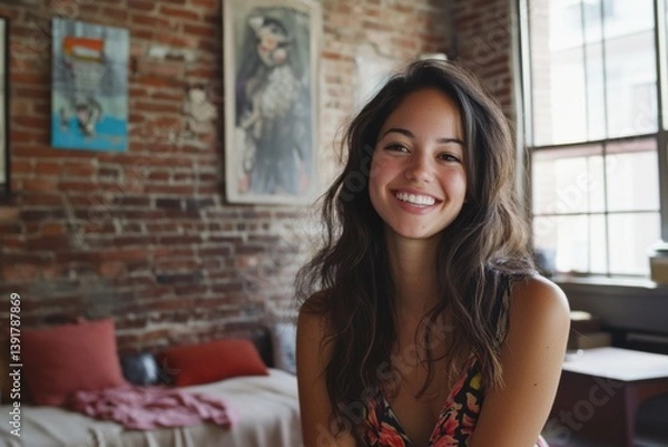 Obraz Smiling Woman at Home Sitting in Front of an Exposed Brick Wall. Generative AI.