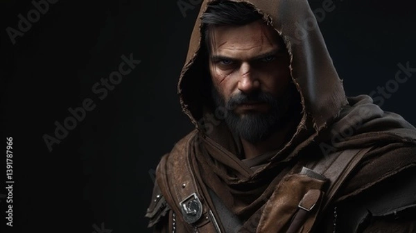 Obraz Dark Fantasy Warrior with Scars and Hood Looking Fierce. Cinematic Portrait. Generative AI.