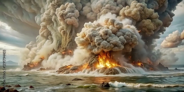 Fototapeta Volcanic eruption with massive explosion, thick smoke, blazing fire emerging from rugged mountain landscape. Natural disaster, cinematic backdrops, educational geology content, powerful visual