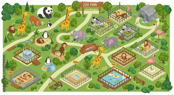 Fototapeta Zoo Adventure: Isometric Animal Map AI Generated