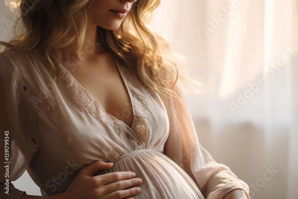 Fototapeta Pregnant woman in soft light gently touching belly in serene and intimate indoor moment
