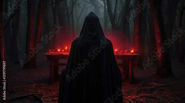 Fototapeta Hooded figure standing before ritual altar with red candles in dark mysterious forest at night