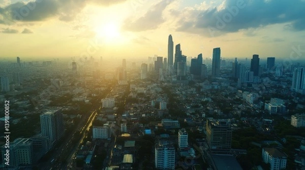 Fototapeta Aerial view of Bangkok city skyline at sunset. Possible use Stock photo for travel, architecture, or urban landscape