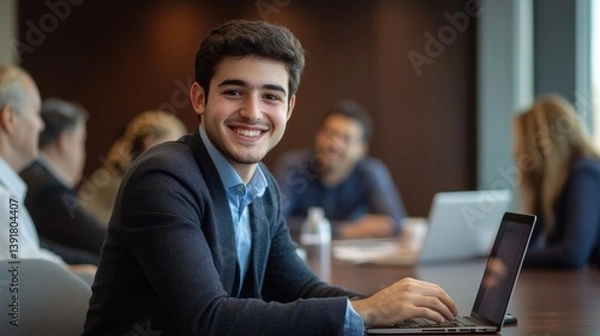 Obraz Young Professional Man Smiling During a Business Meeting with Laptop. Generative AI.