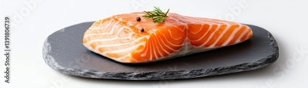 Fototapeta raw salmon steak on slate plate clipart, modern culinary concept, realistic lighting, isolated on white background