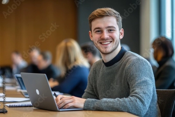 Obraz Young Man Smiling While Working in a Conference Room. Generative AI.