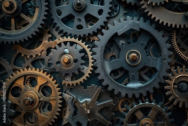 Fototapeta Close-up of interlocking metal gears in motion, steampunk style background