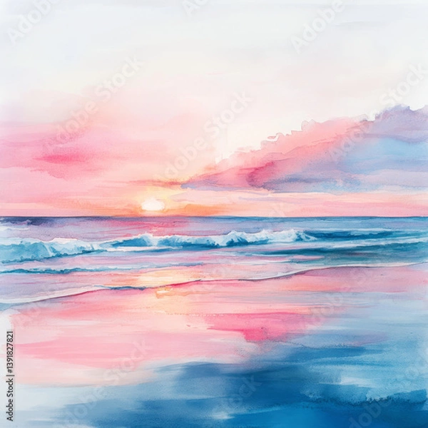Fototapeta serene watercolor sunset on beach with vibrant colors