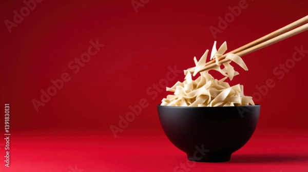 Fototapeta Light Beige Noodles in Black Bowl with Chopsticks on Red Background