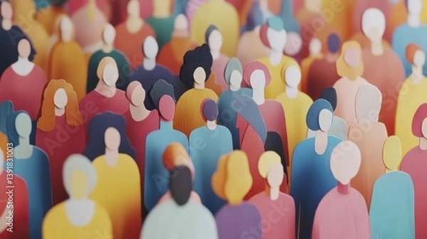 Fototapeta Colorful paper cutouts of diverse people stand together in large group. Concept of unity, togetherness in community. Diverse audience teamwork, social gathering. People of different ethnicities, body