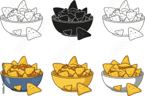Obraz set of Cartoon Bowl of Nachos and Cheese, or Tortilla Chips Clipart on a Transparent Background - Outline, Silhouette and Color Variations

