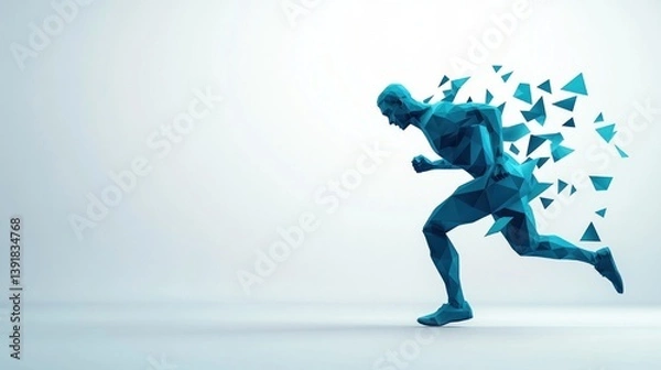 Fototapeta A stylized low-poly runner figure sprints forward with fragments disintegrating behind him against a white background.