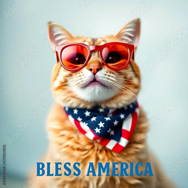 Fototapeta  Fourth of July cat with American flag accessories and Bless America' message Created by Generative AI