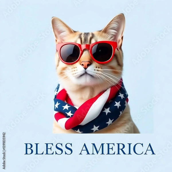 Fototapeta  Fourth of July cat with American flag accessories and Bless America' message Created by Generative AI