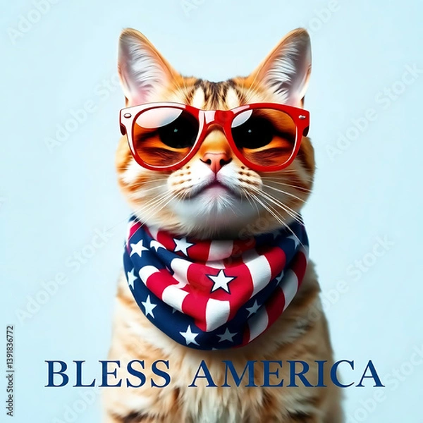 Fototapeta  Fourth of July cat with American flag accessories and Bless America' message Created by Generative AI