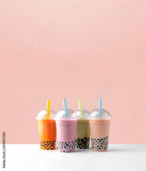 Obraz Colored bubble tea drinks in plastic cups with tapioca balls on soft pink background. Refreshing drinks for summer menu, advertising or promotion of Asian drinks