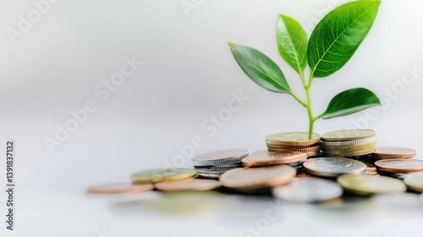 Obraz A small green plant growing from a pile of coins, Financial success begins with wise money management - balancing budget allocation with eco-conscious investments for maximum reward