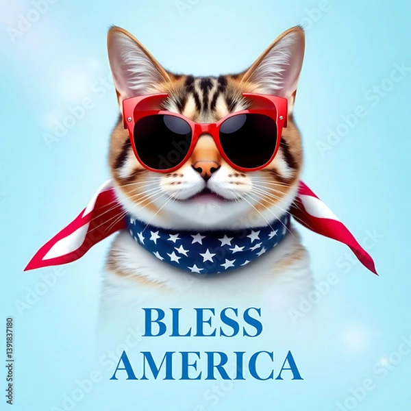 Fototapeta  Fourth of July cat with American flag accessories and Bless America' message Created by Generative AI