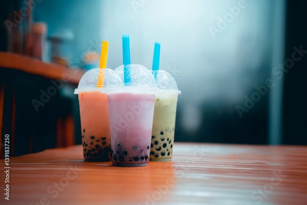 Obraz Colored bubble tea drinks in plastic cups with tapioca balls against cafe interior background. Refreshing drinks for summer menu, advertising or promotion of Asian drinks