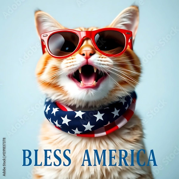 Fototapeta  Fourth of July cat with American flag accessories and Bless America' message Created by Generative AI