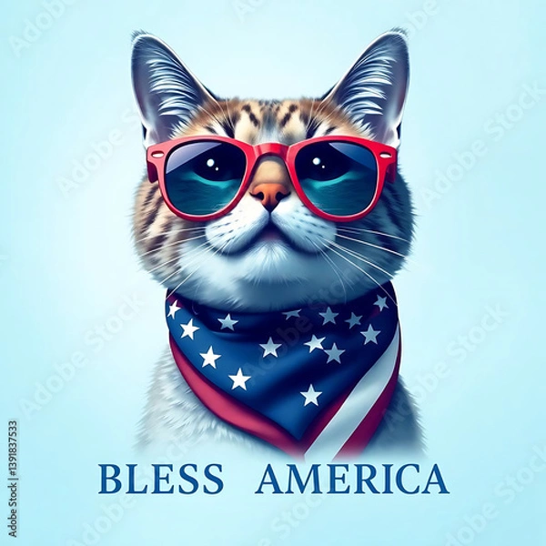 Fototapeta  Fourth of July cat with American flag accessories and Bless America' message Created by Generative AI