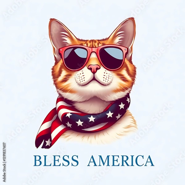 Fototapeta  Fourth of July cat with American flag accessories and Bless America' message Created by Generative AI