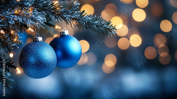 Obraz Blue glittery Christmas baubles with a snow-covered tree branch