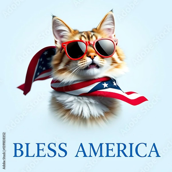 Fototapeta  Fourth of July cat with American flag accessories and Bless America' message Created by Generative AI