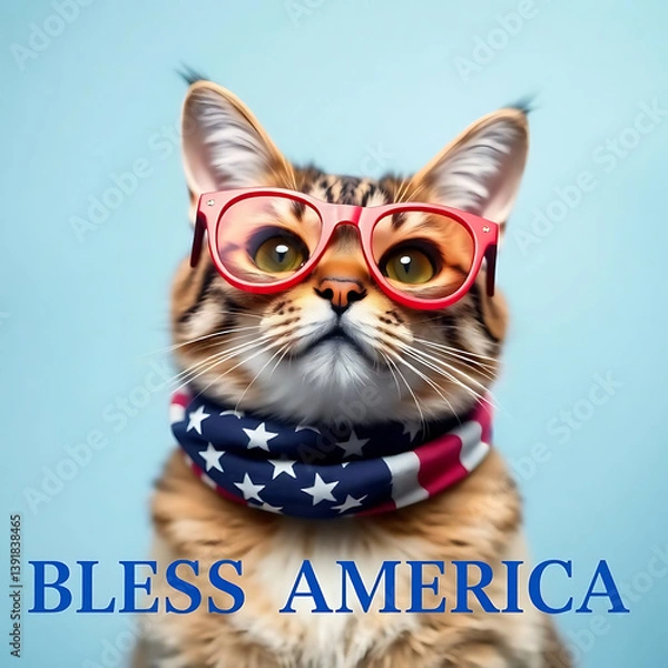 Fototapeta  Fourth of July cat with American flag accessories and Bless America' message Created by Generative AI